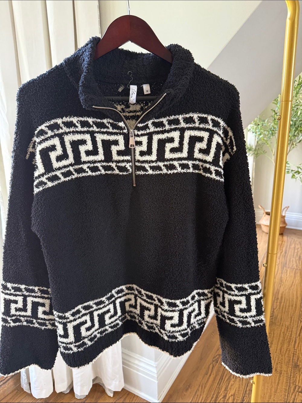 Elan Black and Cream Half-Zip Sherpa Sweater with Geometric Trim